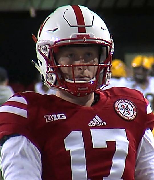 Ryker Fyfe in his Nebraska helmet before a snap